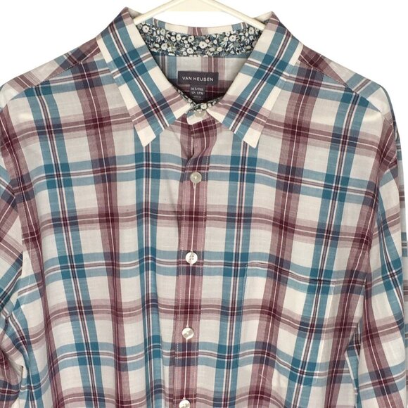 Van Heusen Dress Shirt Men XLT 17-17 1/2 Teal White Plaid Easter Button Down - Picture 3 of 11